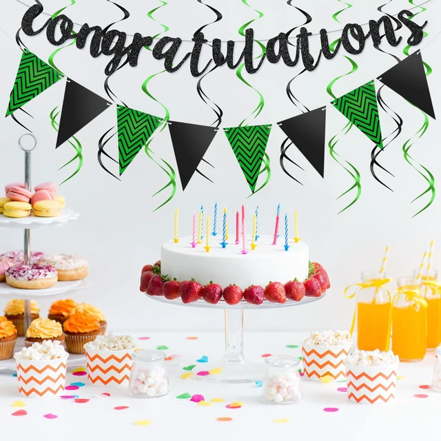 Alt view image 5 of 6 - Outus Congratulations Banner with Triangle Flag 12 Swirls,Black, Green | Pre-strung Glitter Sign, Gold Foil Swirls for Promotion Graduation Retirement Wedding Anniversary Party Celebration Decor