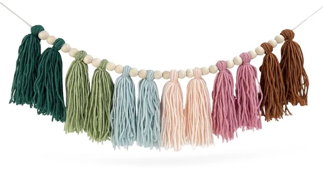 Main image of Rainbow Boho Tassel Wall Hanging with Wood Beads - Colorful Pastel Tassel Garland for Kids Room, Classroom, Bedroom, Nursery Home Decoration