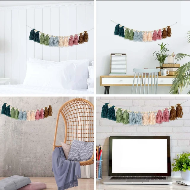 Alt view image 2 of 7 - Rainbow Boho Tassel Wall Hanging with Wood Beads - Colorful Pastel Tassel Garland for Kids Room, Classroom, Bedroom, Nursery Home Decoration