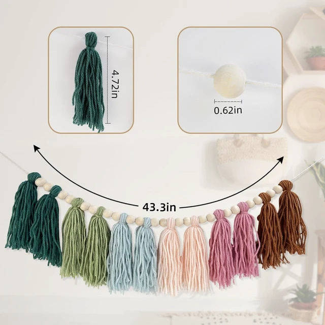 Alt view image 6 of 7 - Rainbow Boho Tassel Wall Hanging with Wood Beads - Colorful Pastel Tassel Garland for Kids Room, Classroom, Bedroom, Nursery Home Decoration