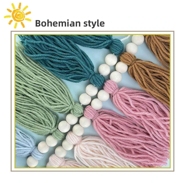 Alt view image 5 of 7 - Rainbow Boho Tassel Wall Hanging with Wood Beads - Colorful Pastel Tassel Garland for Kids Room, Classroom, Bedroom, Nursery Home Decoration