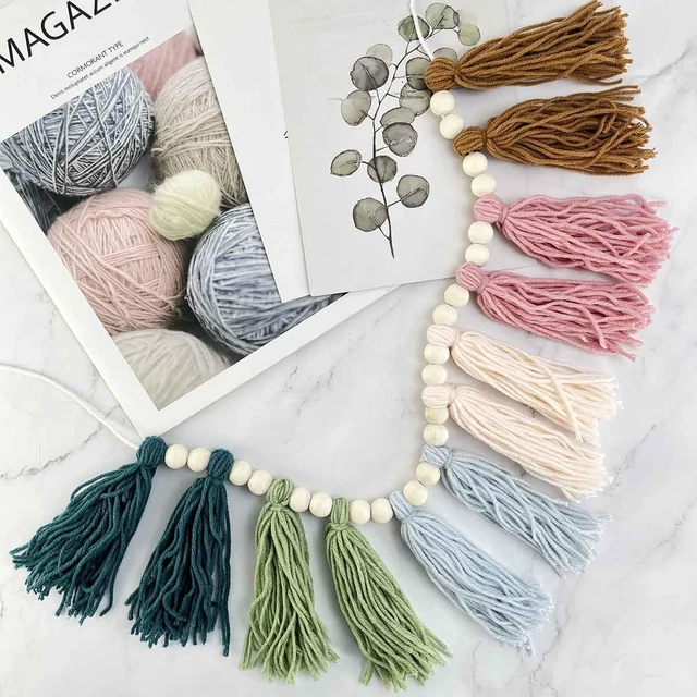 Alt view image 7 of 7 - Rainbow Boho Tassel Wall Hanging with Wood Beads - Colorful Pastel Tassel Garland for Kids Room, Classroom, Bedroom, Nursery Home Decoration