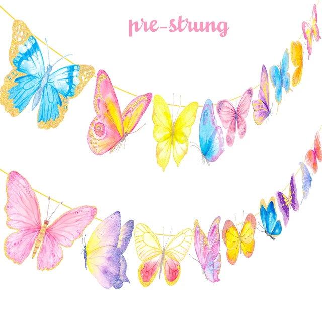 Alt view image 2 of 7 - 2pcs Gold Glitter Butterfly Banner Decorations for Summer Theme Party, Baby Girl Birthday, Wedding Party Supplies