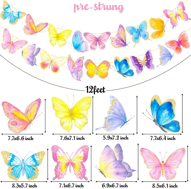 Alt view image 3 of 7 - 2pcs Gold Glitter Butterfly Banner Decorations for Summer Theme Party, Baby Girl Birthday, Wedding Party Supplies