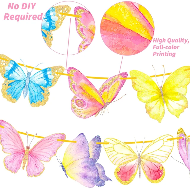 Alt view image 5 of 7 - 2pcs Gold Glitter Butterfly Banner Decorations for Summer Theme Party, Baby Girl Birthday, Wedding Party Supplies