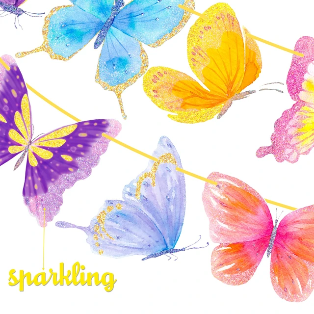 Alt view image 4 of 7 - 2pcs Gold Glitter Butterfly Banner Decorations for Summer Theme Party, Baby Girl Birthday, Wedding Party Supplies