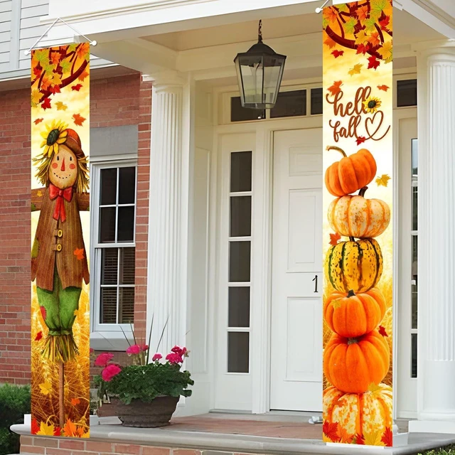 Main image of Hello Fall Porch Decor Autumn Harvest Porch Banner Sign | Scarecrow Pumpkin Front Door Sign Hanging Welcome Banner for Indoor Outdoor Home Farmhouse Yard Harvest Party Decorations