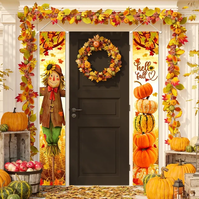 Alt view image 2 of 7 - Hello Fall Porch Decor Autumn Harvest Porch Banner Sign | Scarecrow Pumpkin Front Door Sign Hanging Welcome Banner for Indoor Outdoor Home Farmhouse Yard Harvest Party Decorations