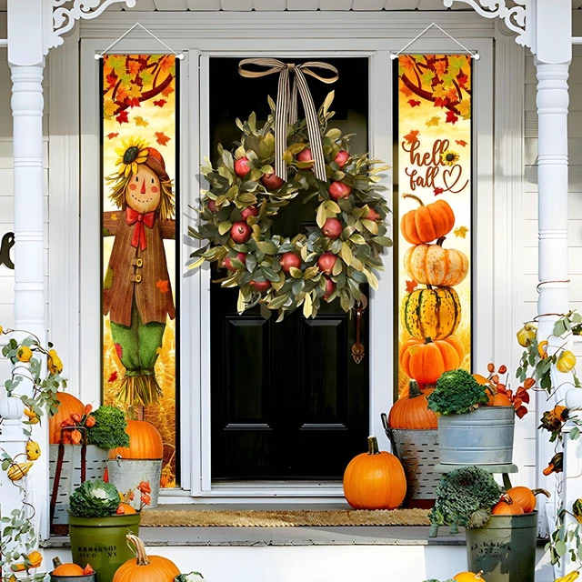 Alt view image 6 of 7 - Hello Fall Porch Decor Autumn Harvest Porch Banner Sign | Scarecrow Pumpkin Front Door Sign Hanging Welcome Banner for Indoor Outdoor Home Farmhouse Yard Harvest Party Decorations