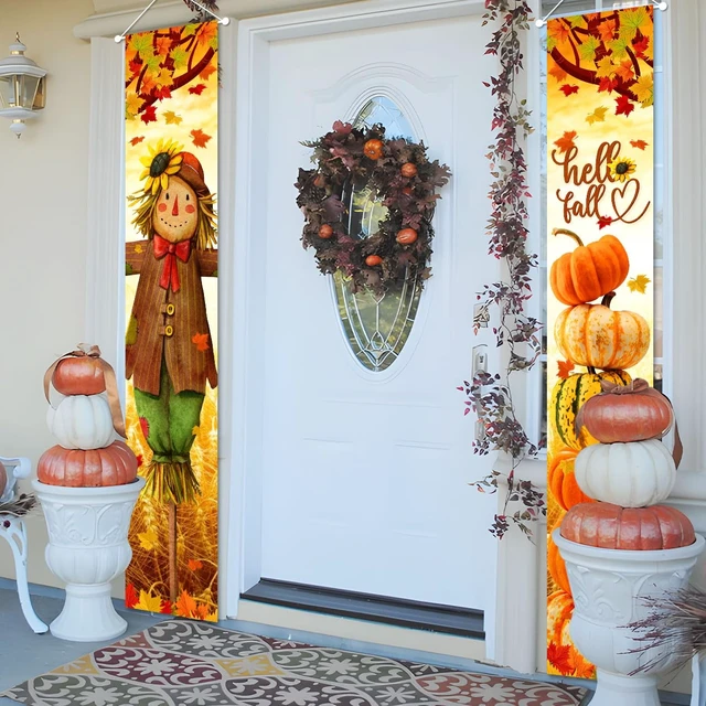 Alt view image 7 of 7 - Hello Fall Porch Decor Autumn Harvest Porch Banner Sign | Scarecrow Pumpkin Front Door Sign Hanging Welcome Banner for Indoor Outdoor Home Farmhouse Yard Harvest Party Decorations