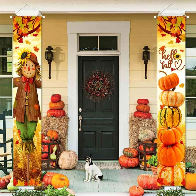 Alt view image 5 of 7 - Hello Fall Porch Decor Autumn Harvest Porch Banner Sign | Scarecrow Pumpkin Front Door Sign Hanging Welcome Banner for Indoor Outdoor Home Farmhouse Yard Harvest Party Decorations