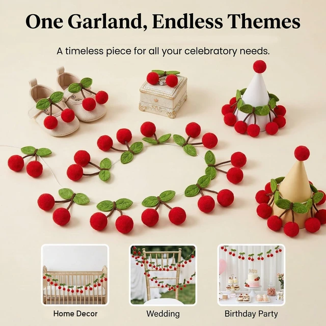 Alt view image 3 of 7 - Cherry Garland 21FT - 36 Pairs Fruit Hanging Party Decorations | Extra Long Cherry Banner for Birthday, Wall, Kitchen, Spring Summer Home Decor, Picnic, Fruit Theme Party and Dessert Table