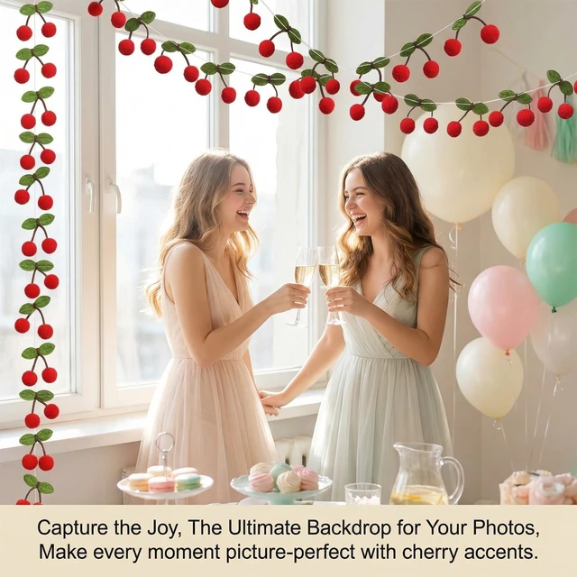 Alt view image 4 of 7 - Cherry Garland 21FT - 36 Pairs Fruit Hanging Party Decorations | Extra Long Cherry Banner for Birthday, Wall, Kitchen, Spring Summer Home Decor, Picnic, Fruit Theme Party and Dessert Table