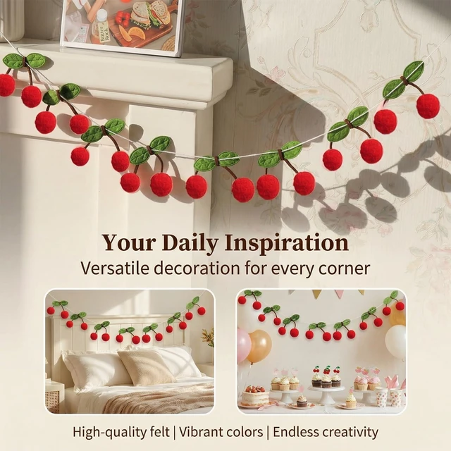 Alt view image 5 of 7 - Cherry Garland 21FT - 36 Pairs Fruit Hanging Party Decorations | Extra Long Cherry Banner for Birthday, Wall, Kitchen, Spring Summer Home Decor, Picnic, Fruit Theme Party and Dessert Table