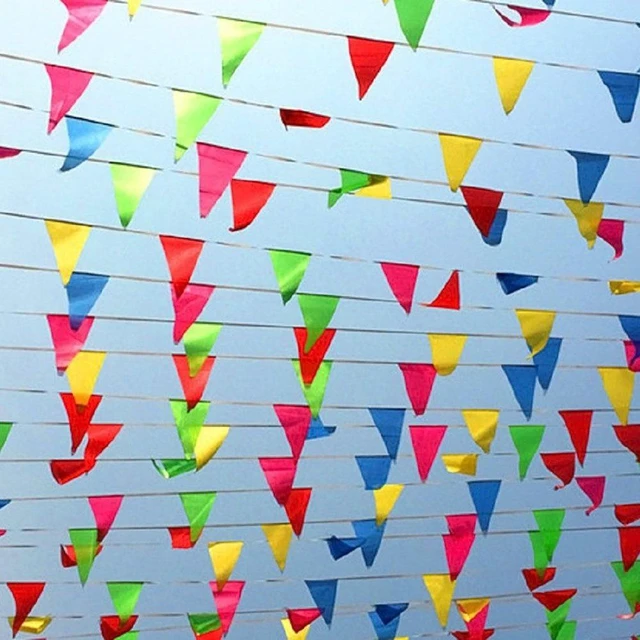 Alt view image 5 of 7 - 100 Feet Pennant Banner - 75 Multicolor Bunting Flags (7x11 Inches) - Birthday Party Grand Opening Christmas Decorations