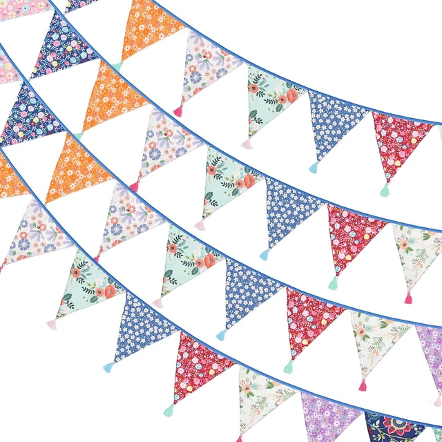 Main image of 10.8Ft Cotton Triangle Bunting Banner 12pcs Multicolor Floral Fabric Pennant Flag with Tassels, Double Side Triangle Banner Garland for Weddings, Birthdays, Garden & Baby Showers