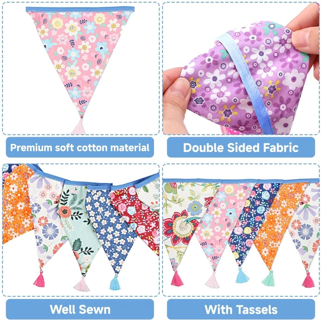 Alt view image 3 of 6 - 10.8Ft Cotton Triangle Bunting Banner 12pcs Multicolor Floral Fabric Pennant Flag with Tassels, Double Side Triangle Banner Garland for Weddings, Birthdays, Garden & Baby Showers