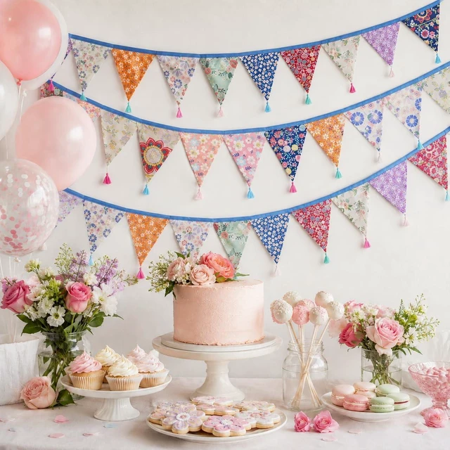 Alt view image 6 of 6 - 10.8Ft Cotton Triangle Bunting Banner 12pcs Multicolor Floral Fabric Pennant Flag with Tassels, Double Side Triangle Banner Garland for Weddings, Birthdays, Garden & Baby Showers