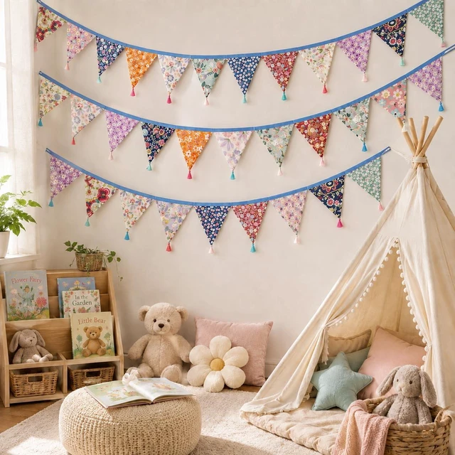 Alt view image 4 of 6 - 10.8Ft Cotton Triangle Bunting Banner 12pcs Multicolor Floral Fabric Pennant Flag with Tassels, Double Side Triangle Banner Garland for Weddings, Birthdays, Garden & Baby Showers