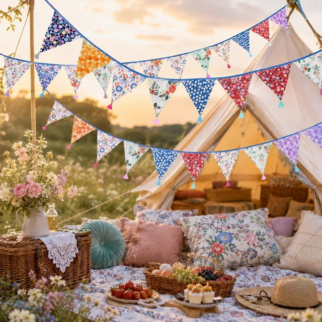 Alt view image 5 of 6 - 10.8Ft Cotton Triangle Bunting Banner 12pcs Multicolor Floral Fabric Pennant Flag with Tassels, Double Side Triangle Banner Garland for Weddings, Birthdays, Garden & Baby Showers