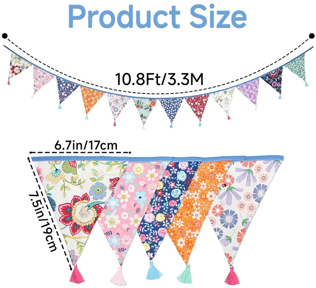 Alt view image 2 of 6 - 10.8Ft Cotton Triangle Bunting Banner 12pcs Multicolor Floral Fabric Pennant Flag with Tassels, Double Side Triangle Banner Garland for Weddings, Birthdays, Garden & Baby Showers