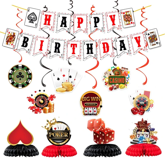 Main image of Casino Poker Theme Party Decorations, Birthday Banner Hanging Swirl and Casino dining table honeycomb center decorationfor Poker Parties Decor Game Night Las Vegas Themed Party Supplies