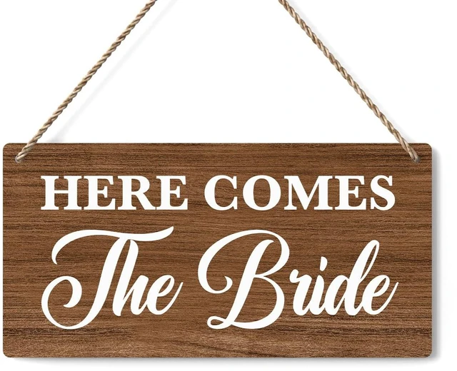 Main image of Rustic Wedding Sign Here Comes the Bride, Ring Bearer Sign, Funny Wedding Decor Weddings Stuff Engagement Decorations 12x6 Inches (Brown)