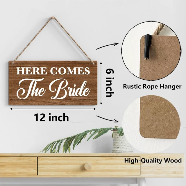 Alt view image 2 of 7 - Rustic Wedding Sign Here Comes the Bride, Ring Bearer Sign, Funny Wedding Decor Weddings Stuff Engagement Decorations 12x6 Inches (Brown)
