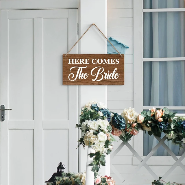 Alt view image 3 of 7 - Rustic Wedding Sign Here Comes the Bride, Ring Bearer Sign, Funny Wedding Decor Weddings Stuff Engagement Decorations 12x6 Inches (Brown)