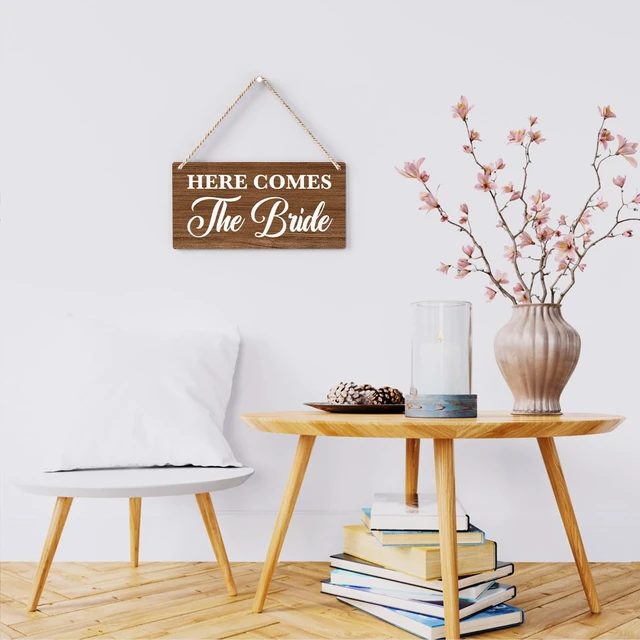 Alt view image 4 of 7 - Rustic Wedding Sign Here Comes the Bride, Ring Bearer Sign, Funny Wedding Decor Weddings Stuff Engagement Decorations 12x6 Inches (Brown)
