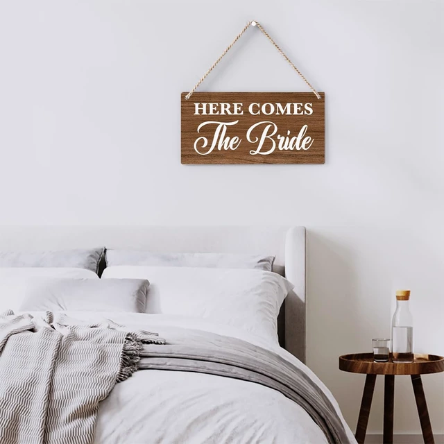 Alt view image 5 of 7 - Rustic Wedding Sign Here Comes the Bride, Ring Bearer Sign, Funny Wedding Decor Weddings Stuff Engagement Decorations 12x6 Inches (Brown)