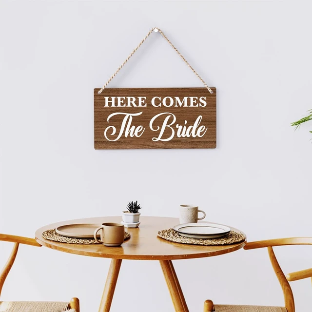 Alt view image 6 of 7 - Rustic Wedding Sign Here Comes the Bride, Ring Bearer Sign, Funny Wedding Decor Weddings Stuff Engagement Decorations 12x6 Inches (Brown)