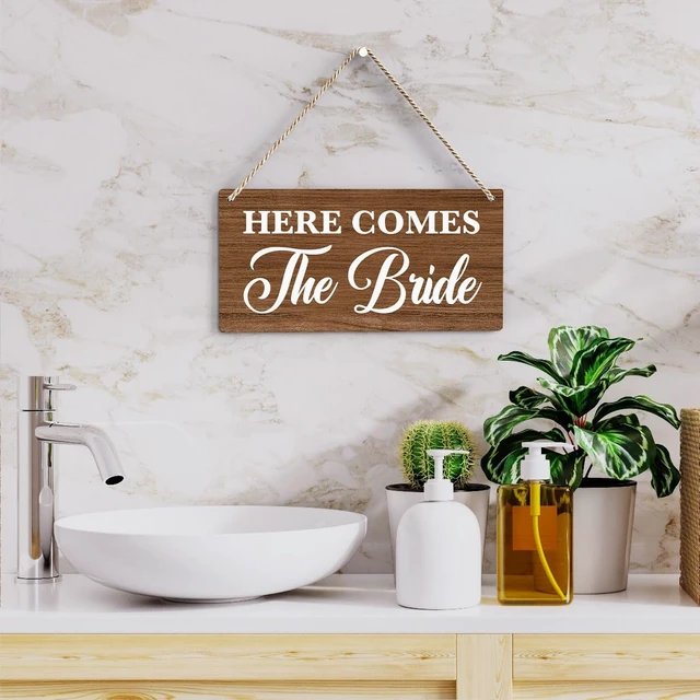 Alt view image 7 of 7 - Rustic Wedding Sign Here Comes the Bride, Ring Bearer Sign, Funny Wedding Decor Weddings Stuff Engagement Decorations 12x6 Inches (Brown)