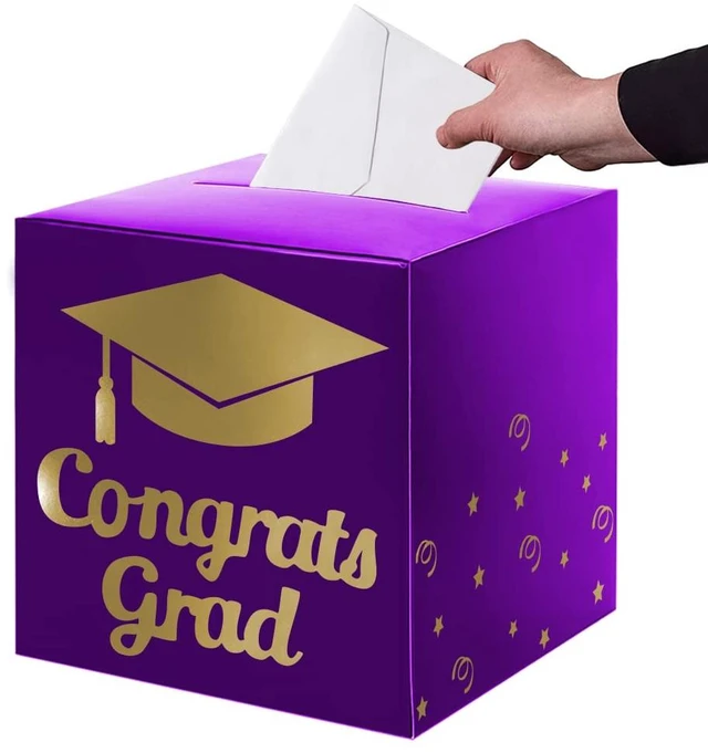 Main image of Graduation Card Box Holder, Grad Party Decorations (Purple) | Congrats Grad Foldable Cardboard Decorations Box for Graduation Party Decoration and Grad Parties