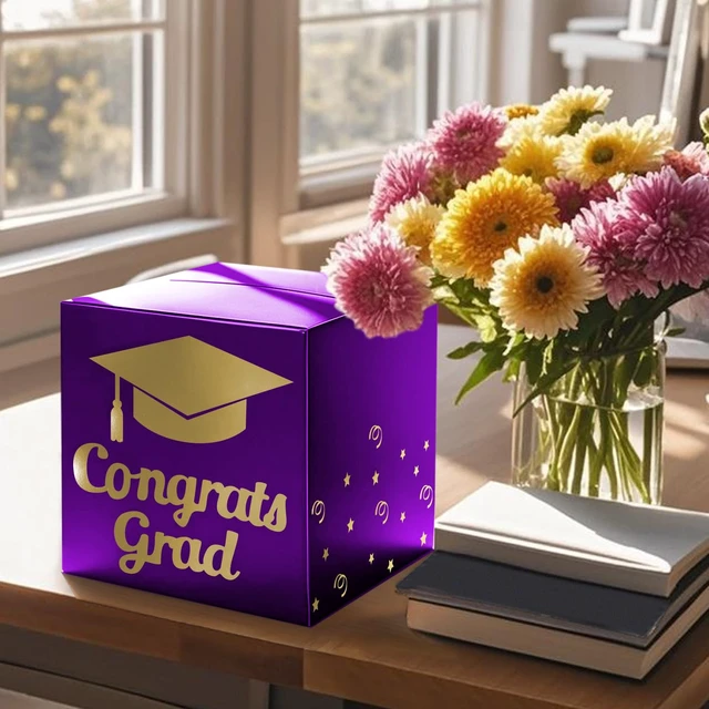 Alt view image 6 of 7 - Graduation Card Box Holder, Grad Party Decorations (Purple) | Congrats Grad Foldable Cardboard Decorations Box for Graduation Party Decoration and Grad Parties