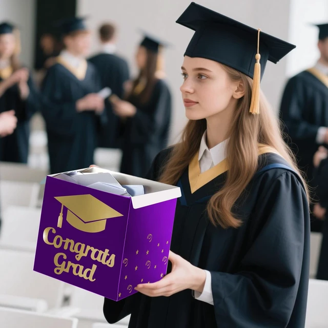 Alt view image 7 of 7 - Graduation Card Box Holder, Grad Party Decorations (Purple) | Congrats Grad Foldable Cardboard Decorations Box for Graduation Party Decoration and Grad Parties