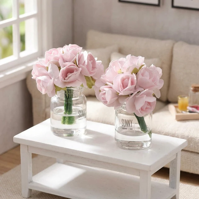 Alt view image 3 of 7 - 2Pcs 1:12 Scale Glass Vase with Flowers Set, Decorative Accessories for Mini Scene, Mini Decoration
