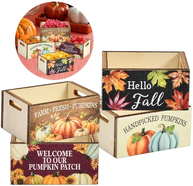 Main image of Thanksgiving Wooden Mini Basket Crates Set of 4 Miniature Harvest Fall | Boxes Pumpkin for Dollhouse Tiered Tray Centerpieces & Home Decor by