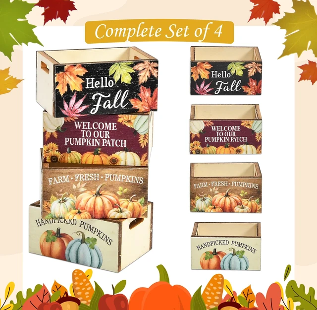 Alt view image 5 of 7 - Thanksgiving Wooden Mini Basket Crates Set of 4 Miniature Harvest Fall | Boxes Pumpkin for Dollhouse Tiered Tray Centerpieces & Home Decor by