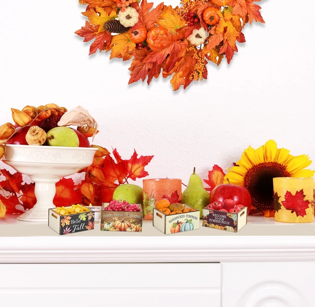 Alt view image 7 of 7 - Thanksgiving Wooden Mini Basket Crates Set of 4 Miniature Harvest Fall | Boxes Pumpkin for Dollhouse Tiered Tray Centerpieces & Home Decor by