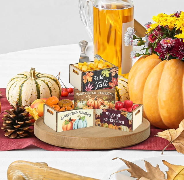 Alt view image 6 of 7 - Thanksgiving Wooden Mini Basket Crates Set of 4 Miniature Harvest Fall | Boxes Pumpkin for Dollhouse Tiered Tray Centerpieces & Home Decor by