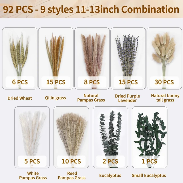 Alt view image 4 of 6 - Dried Pampas Grass Bouquet -92 Pcs 11-13inch 9 Styles Boho Decor | Pampas Grass Decor with Bunny Tails,Eucalyptus & Lavender for Vase Filler, Wedding Centerpiece,Farmhouse and Rustic Decor