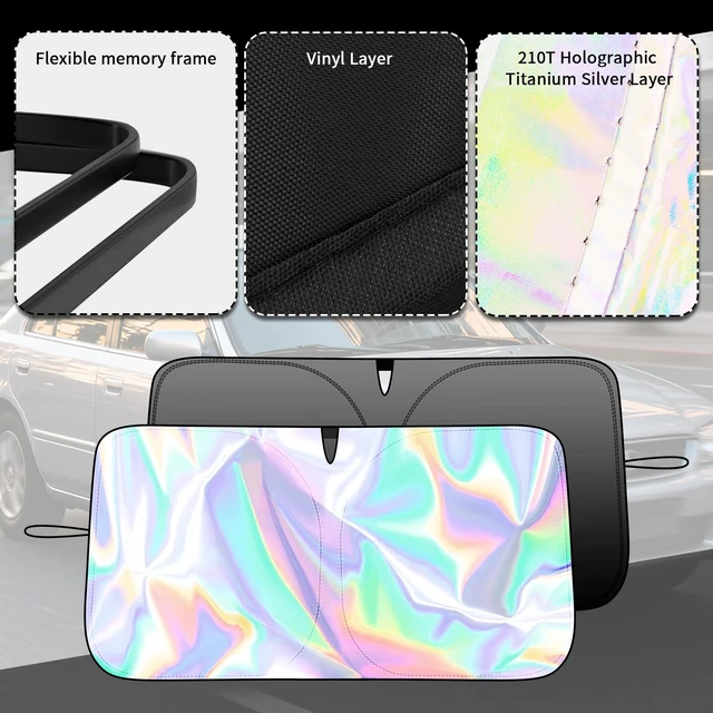 Alt view image 3 of 7 - 59"x31" Iridescent Car Windshield Sun Shade,Foldable Sun Blocker for Car Windshield with Storage Pouch,Universal Windshields Cover Suns Shade for Most Cars & Small SUVs for Summer Parking