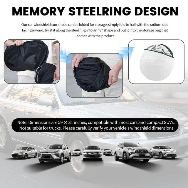 Alt view image 7 of 7 - 59"x31" Iridescent Car Windshield Sun Shade,Foldable Sun Blocker for Car Windshield with Storage Pouch,Universal Windshields Cover Suns Shade for Most Cars & Small SUVs for Summer Parking