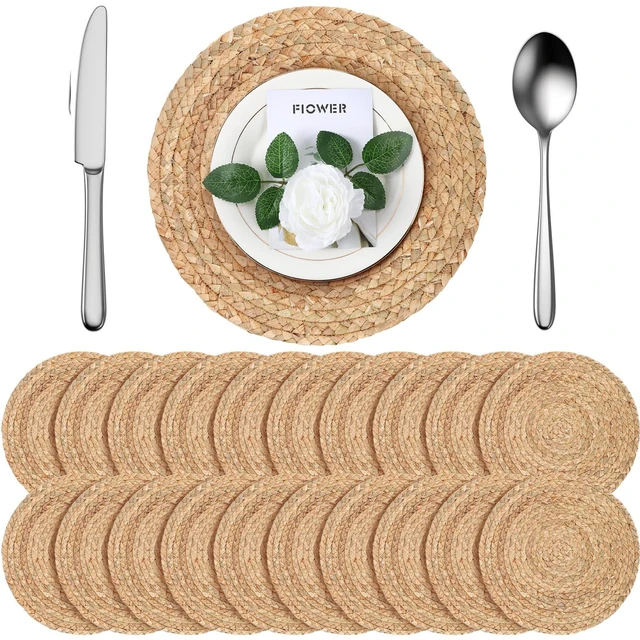 Main image of Foldtier 20 Pcs Round Woven Placemats Bulk Plate Chargers Set 11.8 Inch | Natural Water Hyacinth Placemats, Rustic Braided Straw for Wedding Party, Charger Plates Farmhouse Table Decor, Woven Style