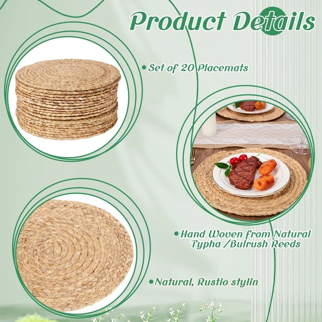 Alt view image 3 of 7 - Foldtier 20 Pcs Round Woven Placemats Bulk Plate Chargers Set 11.8 Inch | Natural Water Hyacinth Placemats, Rustic Braided Straw for Wedding Party, Charger Plates Farmhouse Table Decor, Woven Style