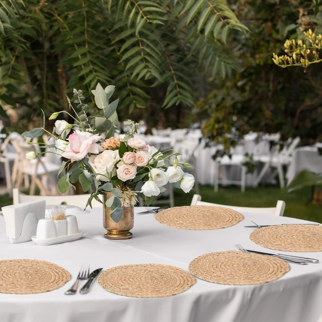 Alt view image 6 of 7 - Foldtier 20 Pcs Round Woven Placemats Bulk Plate Chargers Set 11.8 Inch | Natural Water Hyacinth Placemats, Rustic Braided Straw for Wedding Party, Charger Plates Farmhouse Table Decor, Woven Style
