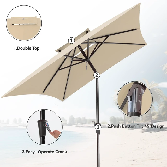 Alt view image 2 of 7 - 6.6 x 10 ft Rectangular Patio Umbrella, Outdoor Market Table Umbrella with Push Button Tilt and Crank, Double-Tier Vent, 6 Ribs