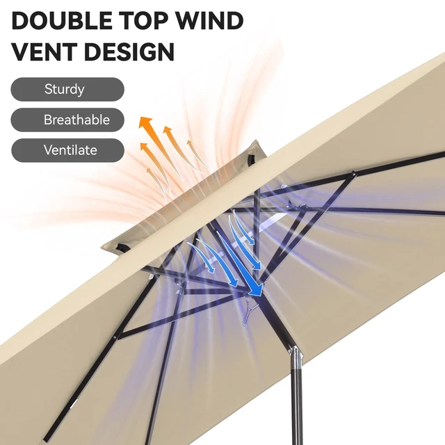 Alt view image 4 of 7 - 6.6 x 10 ft Rectangular Patio Umbrella, Outdoor Market Table Umbrella with Push Button Tilt and Crank, Double-Tier Vent, 6 Ribs