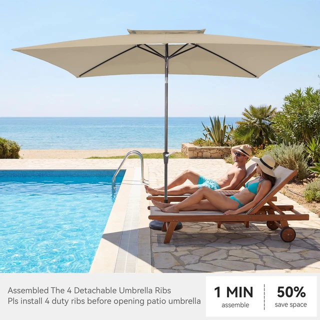 Alt view image 5 of 7 - 6.6 x 10 ft Rectangular Patio Umbrella, Outdoor Market Table Umbrella with Push Button Tilt and Crank, Double-Tier Vent, 6 Ribs